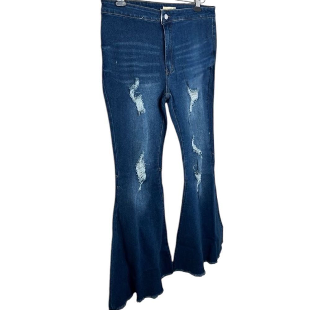 Dark Wash Distressed Flare Jeans | High Rise Stretch | Raw Hem | Plus Size | NWT - Picture 8 of 16
